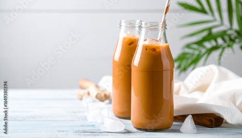 thai tea, condensed milk in Glass Bottle with Ice and Straw