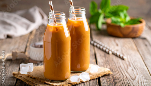 thai tea, condensed milk in Glass Bottle with Ice and Straw