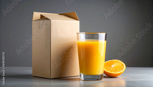Freshly poured orange juice in a clear glass next to empty cardboard cartons.