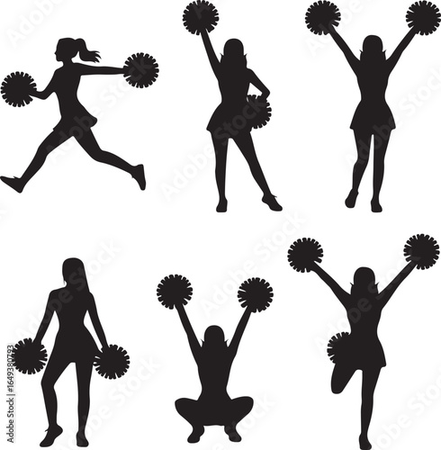 Collection of six black silhouette cheerleaders with pom poms in active poses cheerleading