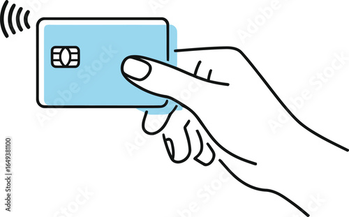 Hand Holding Light Blue Credit Card Contactless Payment Outline on White