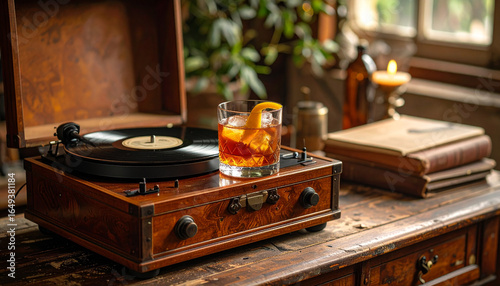 Cocktail by a turntable in a warm ambient