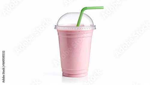 pink smoothie with straw in plastic cup on white background