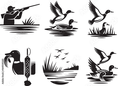 Duck hunting illustrations for outdoors, wildlife, and nature designs