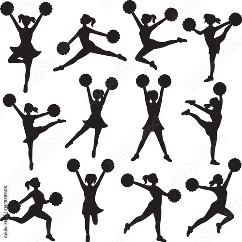 Collection of Eleven Cheerleader Silhouettes in Dynamic Poses cheerleading female