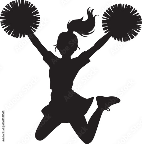 Silhouette of a Cheerleader Jumping with Pom Poms Raised High cheerleading female