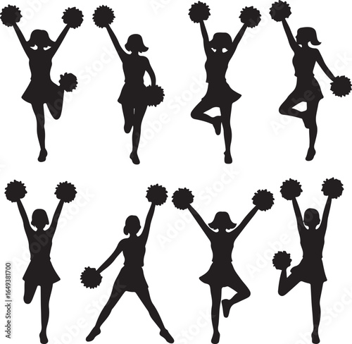 Eight Cheerleader Silhouettes in Various Poses with Pom Poms cheerleading female