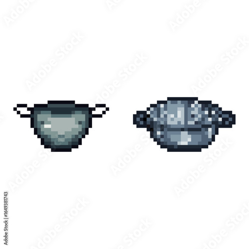 Pixel Art Colander and Strainer Sprite Set. A set of two pixel art sprites featuring different designs of a metal colander or strainer.