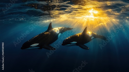 Majestic Orca Pair Gliding Through Golden Sunbeams in the Deep Blue Sea.