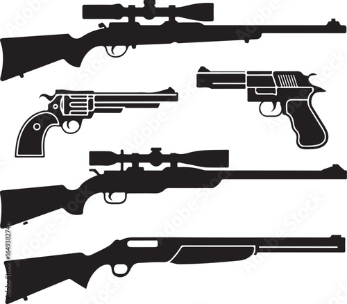 Collection of five black silhouette firearms including scoped rifles Keywords: gun, firearm, pistol