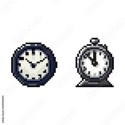 Pixel Art Clock and Alarm Clock Sprite Set. A set of two pixel art clock sprites, featuring a simple wall clock and a classic retro alarm clock. 