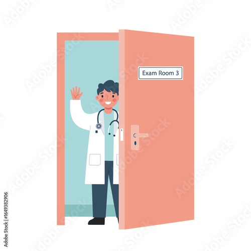 Friendly doctor welcomes patients in exam room, offering care and medical assistance with warmth