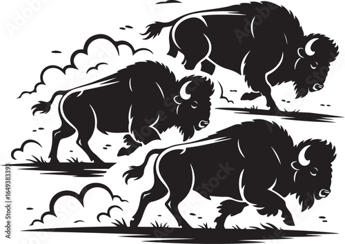 Dynamic bison herd silhouette charging across the plains