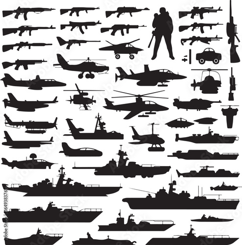 Collection of military and civilian vehicles and weapons silhouettes Keywords: military, weapon, gun