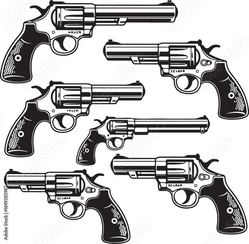 Five Revolver Handguns with Engraved Grips in Black and White pistol firearm
