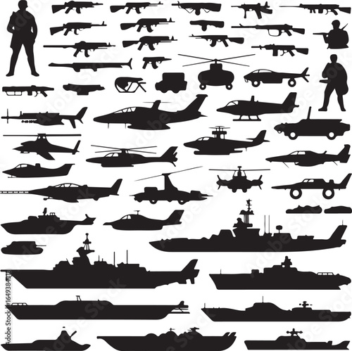 Silhouette Collection of Military Vehicles Aircraft and Weapons army navy