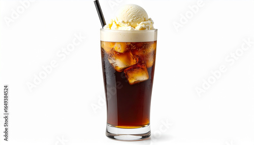 Refreshing root beer float with vanilla ice cream on a white background