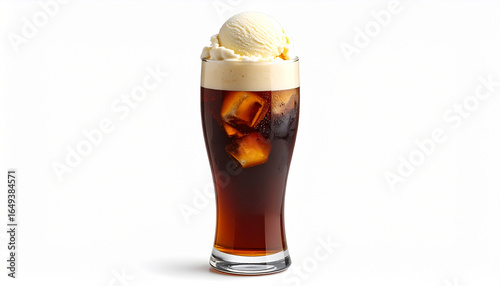 Refreshing root beer float with vanilla ice cream on a white background