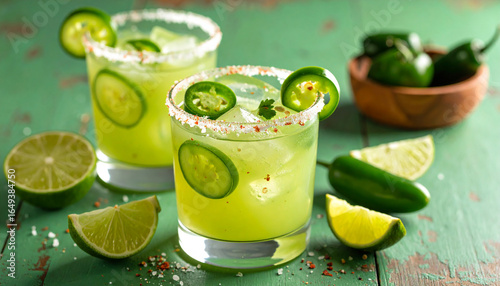 Spicy cucumber margarita with jalapeno and chili salt