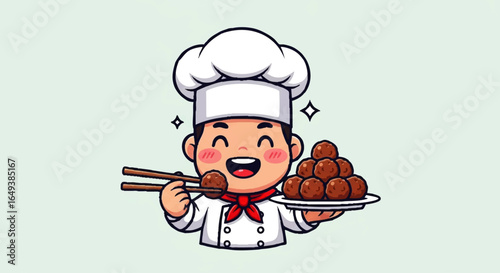 A happy cartoon chef proudly presents and enjoys a plate of delicious meatballs.