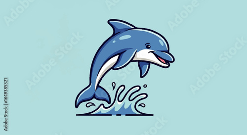 Cute cartoon dolphin leaping out of water, playful and cheerful.