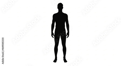 A stark black silhouette of a human figure standing upright against a white background.