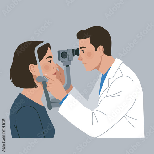 ,Optometrist examining patient's eyes with slit lamp during a professional eye exam