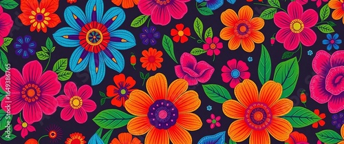 Vibrant floral Mexican folk art pattern, seamless textile design inspired by embroidery, background, illustration