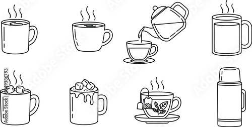 Set of cup and mug icons: a collection of outline drawings of different types of hot drinks in vector format for design