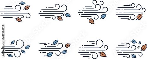 Wind and autumn leaves illustration, depicting the breezy weather and seasonal change with stylized lines and decorative elements