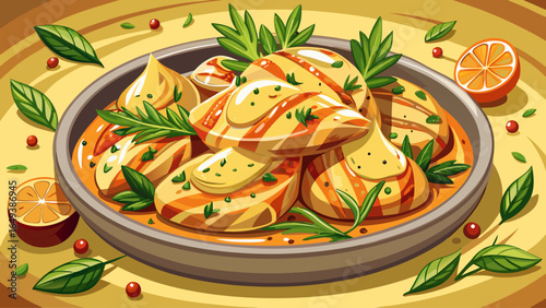 Delicious grilled chicken pieces rest in creamy mustard sauce, garnished with fresh herbs, creating a mouthwatering dish perfect for any meal, blending golden textures, rich flavors, and inviting warm