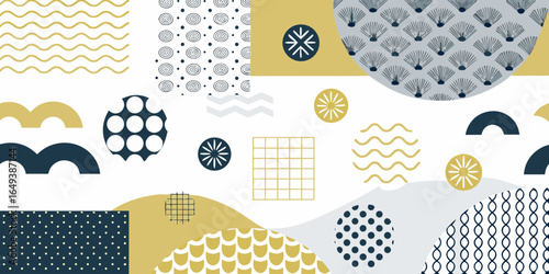 Abstract geometric patterns in mustard blue and white