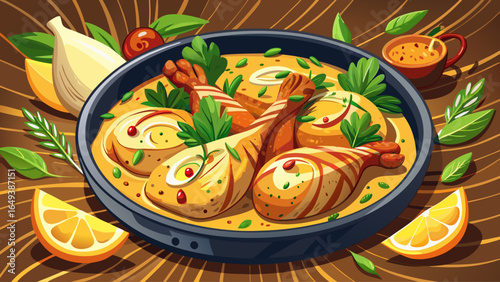 Delicious grilled chicken pieces rest in creamy mustard sauce, garnished with fresh herbs, creating a mouthwatering dish perfect for any meal, blending golden textures, rich flavors, and inviting warm