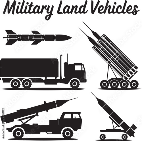 Black silhouette vector illustrations of military land vehicles and missiles truck