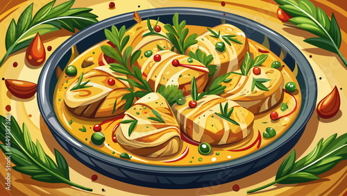Delicious grilled chicken pieces rest in creamy mustard sauce, garnished with fresh herbs, creating a mouthwatering dish perfect for any meal, blending golden textures, rich flavors, and inviting warm