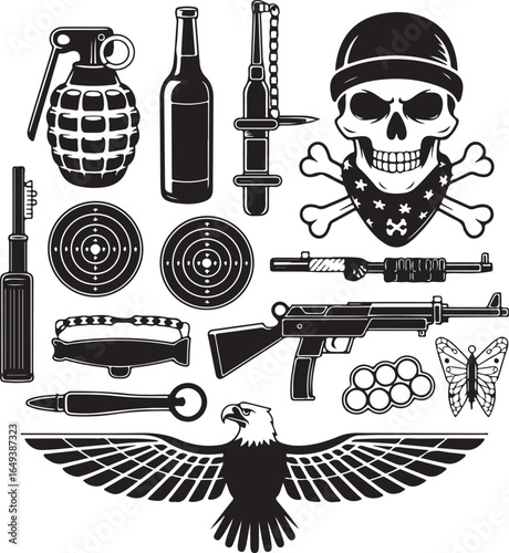 Skull Grenade Gun Butterfly Eagle and Military Symbols crossbones hand grenade