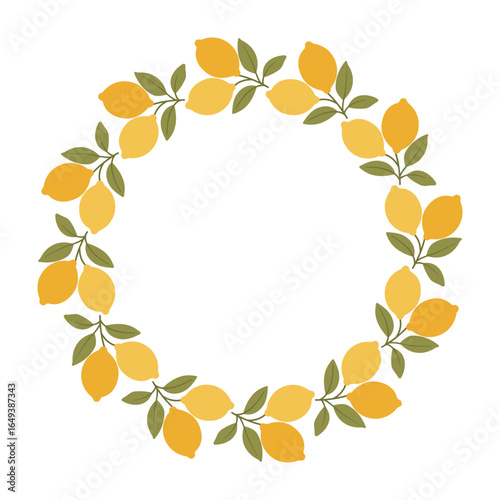 Flat vector illustration of a lemon wreath with green leaves on white background. Summer citrus frame for decoration, invitations, packaging, or seasonal designs
