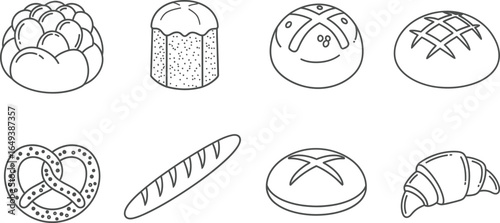 Collection of various types of bread and baked goods, showcasing a variety of shapes, textures, and flavors in a simple line art style