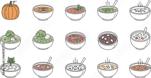 A variety of delicious and nutritious soup bowls with different vegetables and ingredients, perfect for a cozy autumn meal