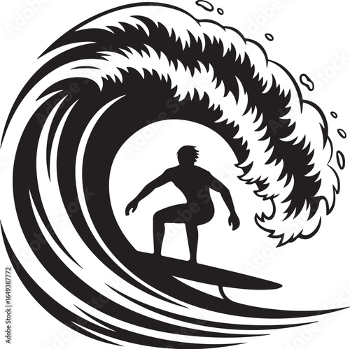 Dynamic surfer riding the perfect wave with black and white design