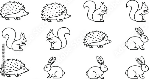Set of vector line icons of forest animals: hedgehog, squirrel, rabbit, mammal, cute, rodent, forest, wild, fur, bunny