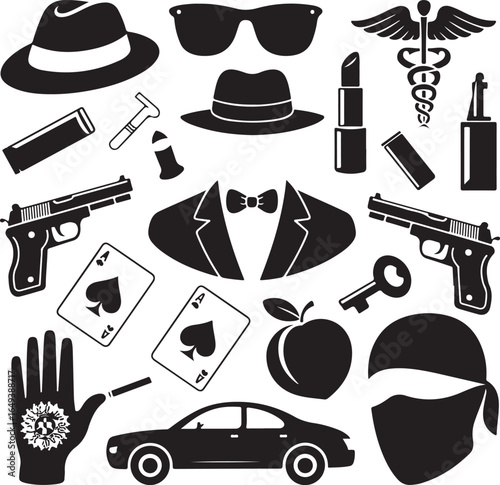 Assortment of spy and crime related icons including guns and hats pistol handgun