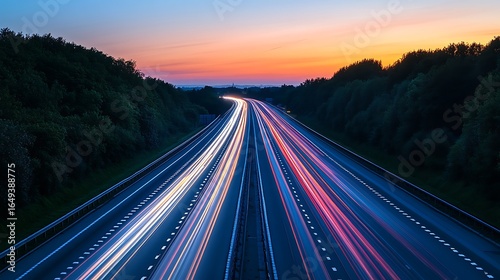 Highway traffic light trails under sunset sky with dark green trees beside the road