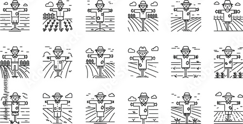 Collection of scarecrow illustrations in various poses and settings, representing autumn, farming, and rural life in a simple line art style