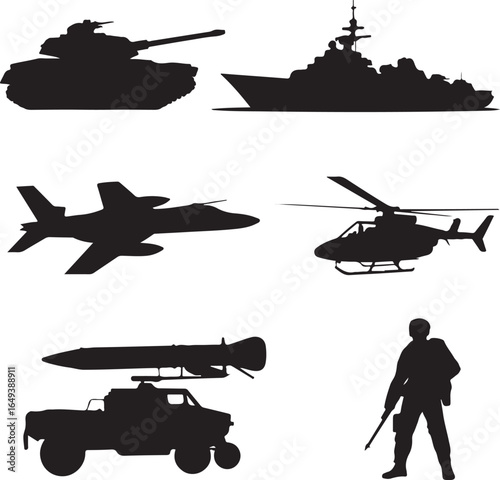 Military Vehicles Aircraft and Soldier Silhouettes on White Background tank war machine