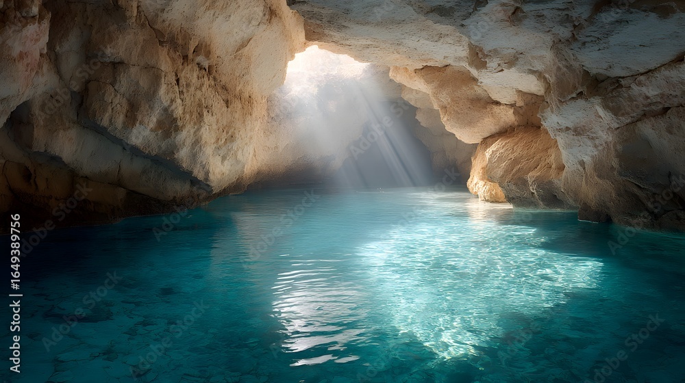 Naklejka premium Inside a quartz cave with calm turquoise spring at center