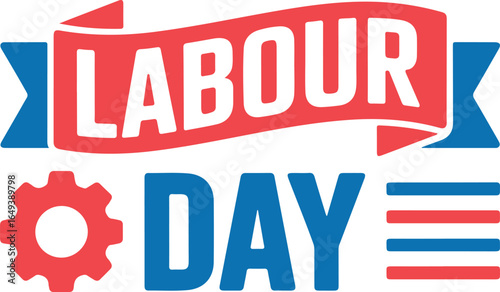 Happy Labour Day Badge Design with Gear and Stripes
