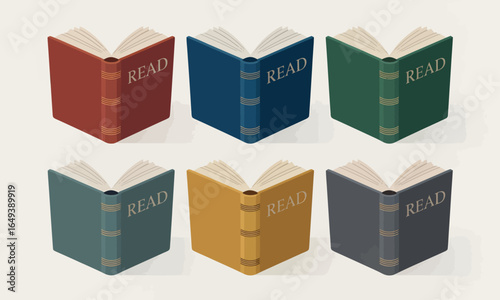 A colorful collection of six open hardcover books with the word READ printed on the cover.
