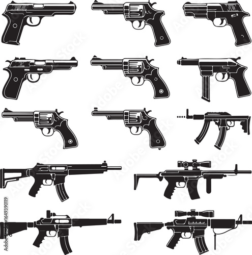 Assortment of firearm silhouettes including rifles pistols and submachine guns weapon