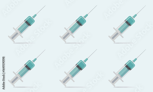 A medical syringe with turquoise liquid and a sharp needle, shown in a flat vector illustration style.